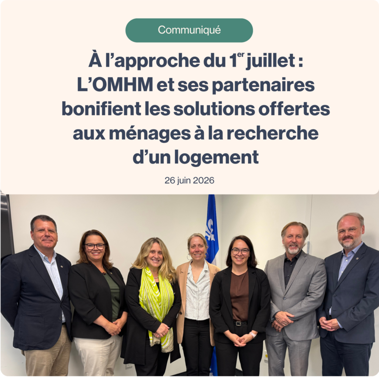 De gauche à droite : Frédéric Roy, directeur général adjoint — Gestion des milieux de vie de l’OMHM, Isabelle Pépin, directrice générale de l’OMHM, Karine Boivin Roy, ministre responsable de l’Habitation, Caroline Braun, mairesse d’arrondissement d’Outremont, Sophie Rousseau-Loiselle, directrice générale de la SHDM, Jean Martel, président-directeur général de la SHQ, Pierre Choquette, directeur général adjoint — Développement et services corporatifs de l’OMHM.